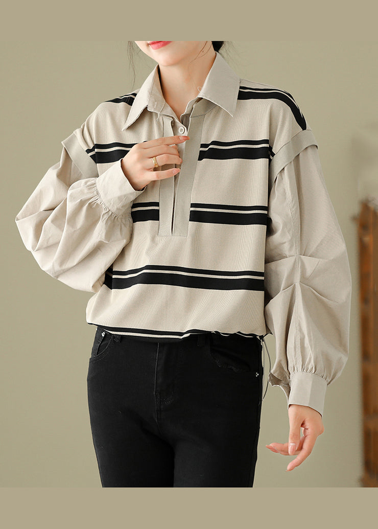 Apricot Striped Patchwork Cotton Shirt False Two Pieces Fall