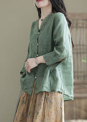 Aqua Green Patchwork Linen Shirt Embroideried Half Sleeve