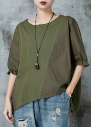 Army Green Patchwork Cotton Tops Asymmetrical Half Sleeve