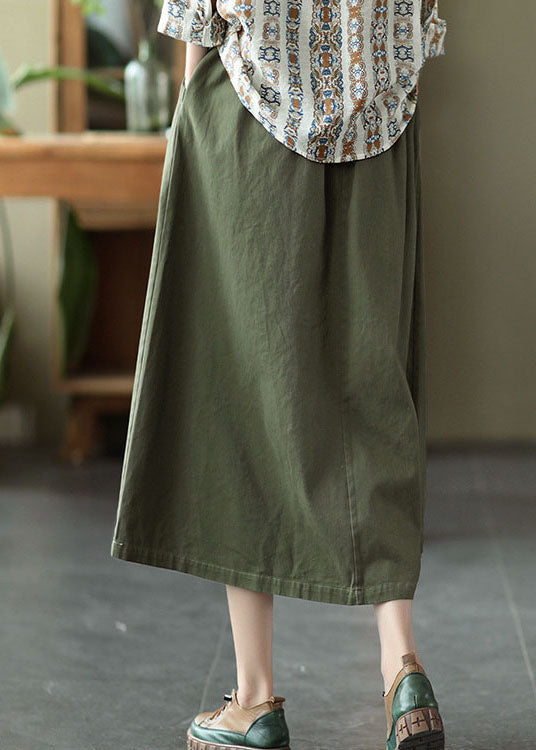 Army Green Pocket Patchwork Cotton A Line Skirt Spring