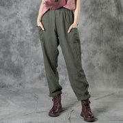 Army Green Pockets Patchwork Fall Straight Linen Pants