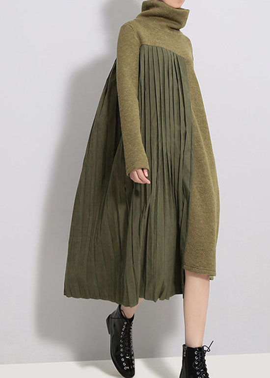 Army Green Silk Patchwork Thick Knit Dress Spring