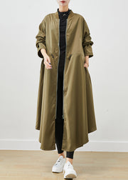 Army Green Spandex Trench Coats Zip Up Drawstring Fall