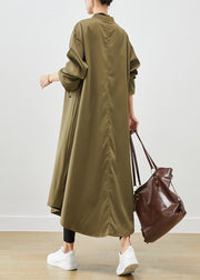 Army Green Spandex Trench Coats Zip Up Drawstring Fall