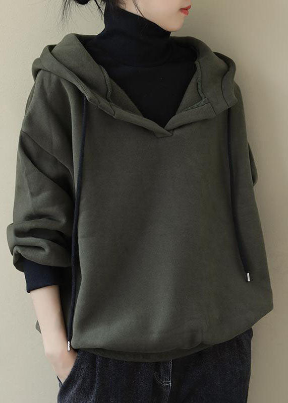 Army Green Kordelzug Lässige warme Fleece-Sweatshirts Top Spring