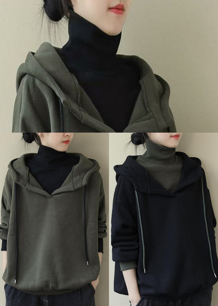 Army Green drawstring Casual Warm Fleece Sweatshirts Top Spring