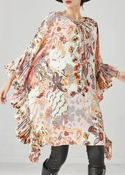 Art Apricot Print Ruffles Chiffon Maxi Dress Batwing Sleeve