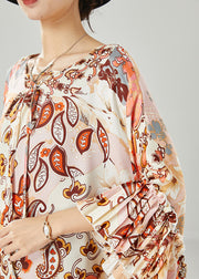 Art Apricot Print Ruffles Chiffon Maxi Dress Batwing Sleeve