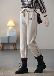 Art Beige Elastic Waist Patchwork Applique Warm Fleece Harem Pants Spring