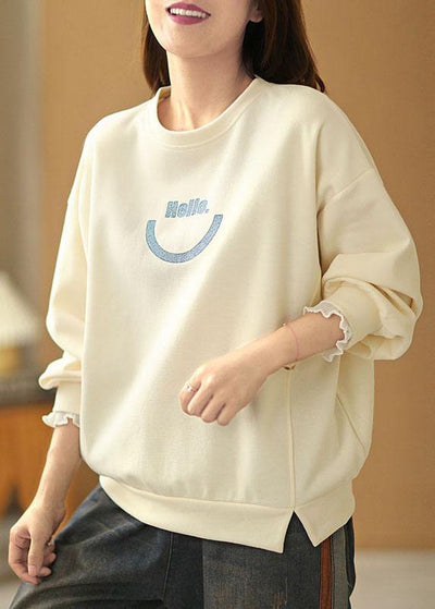 Art Beige O-Neck Graphic Ruffled Fall Sweatshirts Top - bagstylebliss