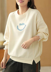 Art Beige O-Neck Graphic Ruffled Fall Sweatshirts Top - bagstylebliss