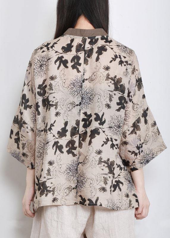 Art Beige Print Oriental Ramie Shirts Fall - bagstylebliss