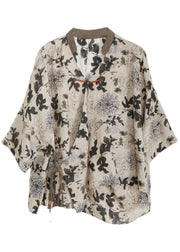 Art Beige Print Oriental Ramie Shirts Fall - bagstylebliss