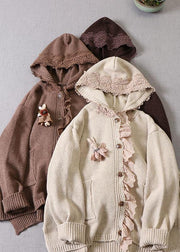 Art Beige hooded Button Pockets Fall Knit Sweaters Coat - bagstylebliss