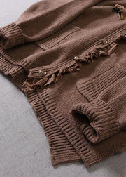 Art Beige hooded Button Pockets Fall Knit Sweaters Coat - bagstylebliss