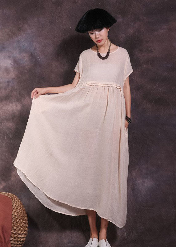 Art Beige zerknittertes Patchwork-Baumwoll-Langarmkleid mit kurzen Ärmeln