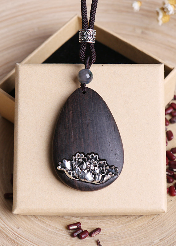 Art Black Alloy Black Sandalwood Peony Pendant Necklace