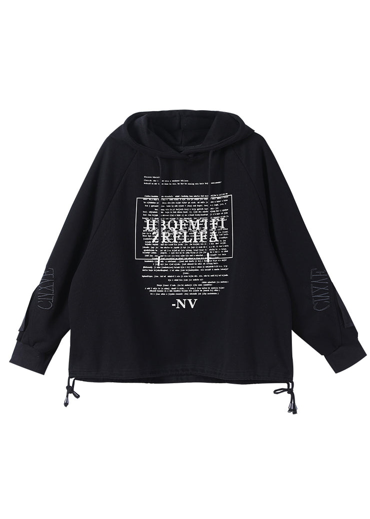 Art Black Alphabet Graphic Drawstring Side Open Kapuzen-Sweatshirts mit langen Ärmeln