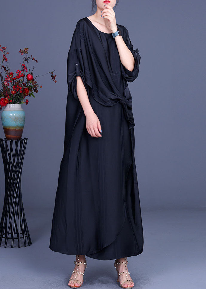 Art Black Asymmetrical Butterfly Silk Party Dress Half Sleeve