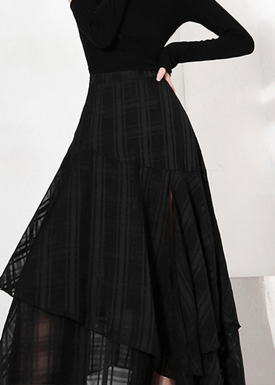 Art Black Asymmetrical Plaid Chiffon Skirt Spring