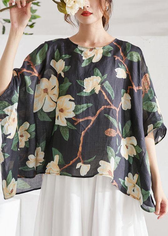 Art Black Bat Sleeve Asymmetrical Print Summer Ramie Blouse Tops Half Sleeve - bagstylebliss