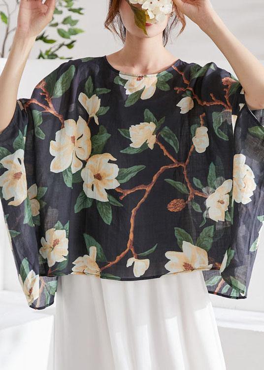 Art Black Bat Sleeve Asymmetrical Print Summer Ramie Blouse Tops Half Sleeve - bagstylebliss