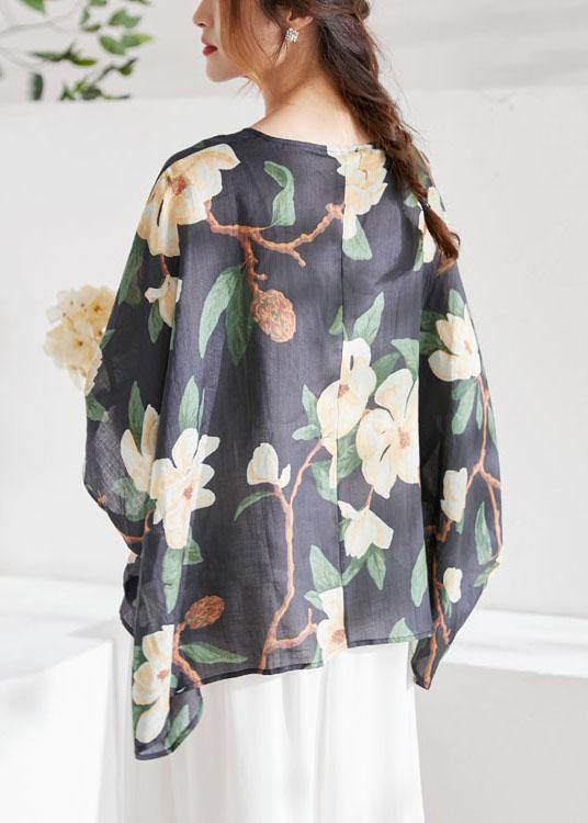 Art Black Bat Sleeve Asymmetrical Print Summer Ramie Blouse Tops Half Sleeve - bagstylebliss