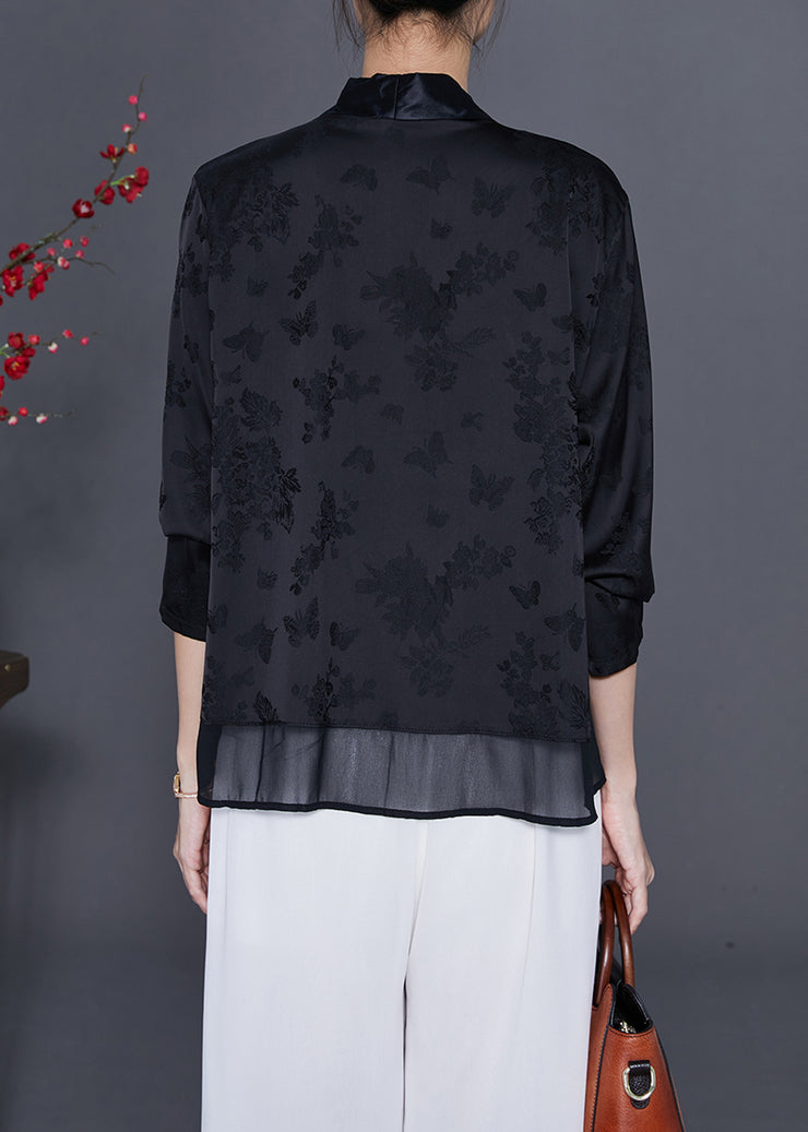 Art Black Embroidered Chinese Button Tassel Silk Cardigan Fall