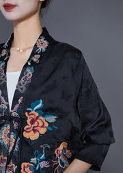 Art Black Embroidered Chinese Button Tassel Silk Cardigan Fall