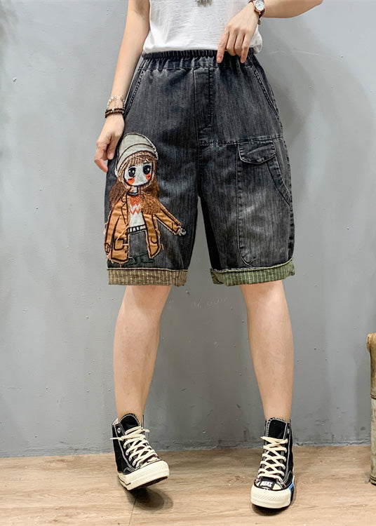 Art Black Grey Elastic Waist Cartoon Girl Denim Shorts Summer