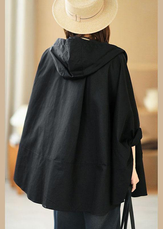 Art Black Loose Pockets Button Fall Hooded Coat Long sleeve - bagstylebliss