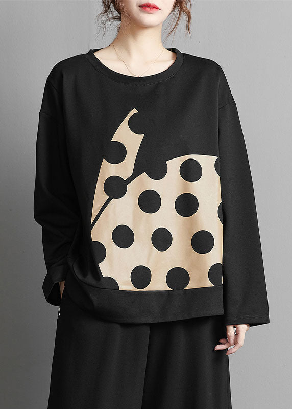 Art Black O-Neck Dot Print Patchwork T Shirt Fall