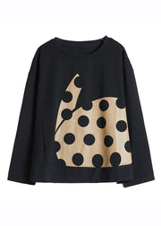 Art Black O-Neck Dot Print Patchwork T Shirt Fall