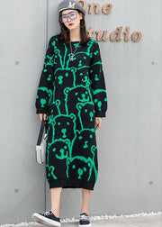 Art Black O-Neck Loose Knit Fall Ankle Dress Langarm