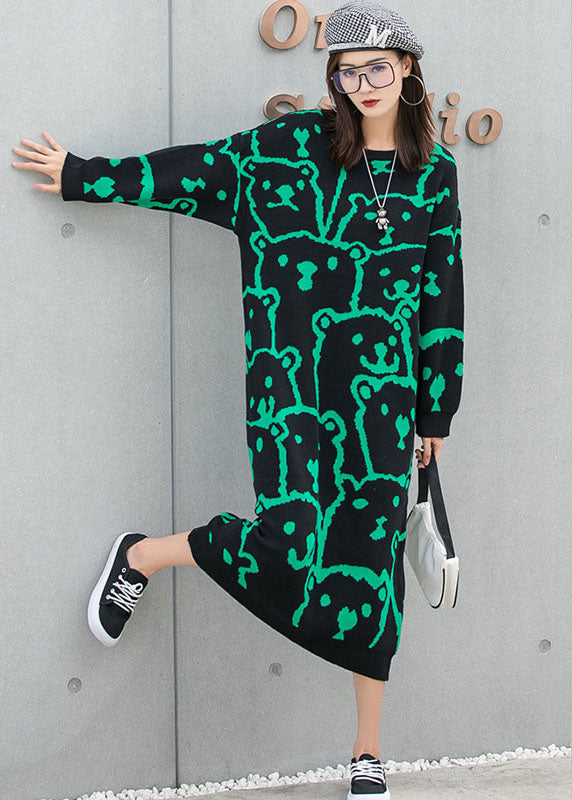 Art Black O-Neck Loose Knit Fall Ankle Dress Long sleeve