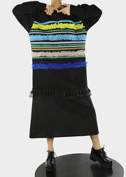 Art Black O-Neck Ruffled Tüll Striped Patchwork lange Kleider Frühling