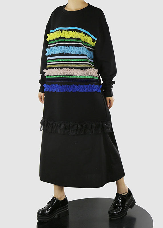 Art Black O-Neck Ruffled Tüll Striped Patchwork lange Kleider Frühling