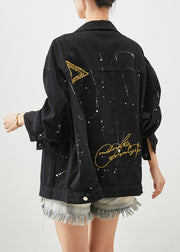 Art Black Oversized Letter Print Denim Jackets Fall