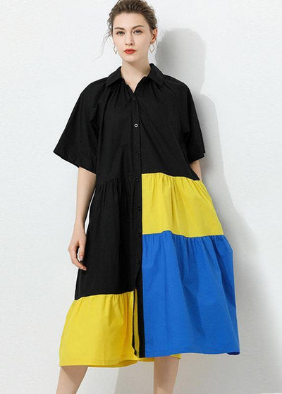 Art Black Patchwork PeterPan Collar Button Summer Cotton Dress Half Sleeve - bagstylebliss