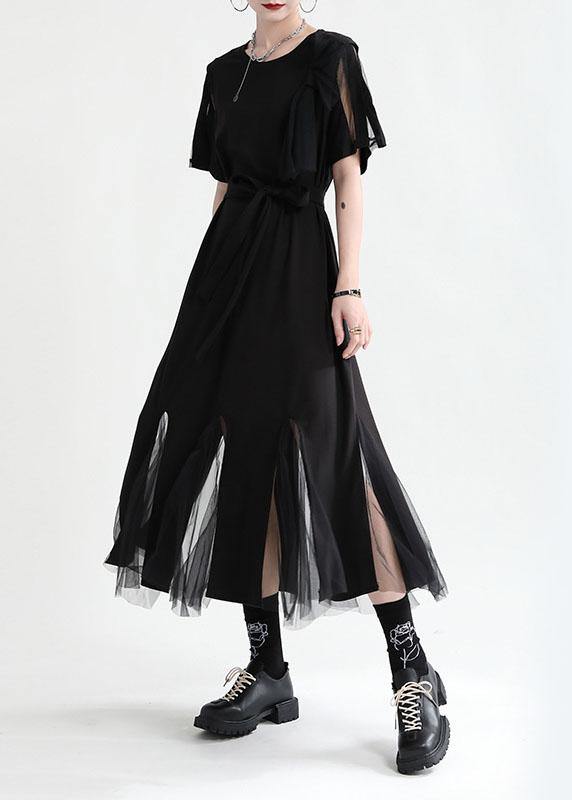 Art Black Patchwork Tulle Summer Tie Waist Dress Short Sleeve - bagstylebliss