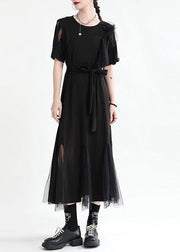 Art Black Patchwork Tulle Summer Tie Waist Dress Short Sleeve - bagstylebliss