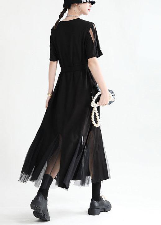 Art Black Patchwork Tulle Summer Tie Waist Dress Short Sleeve - bagstylebliss