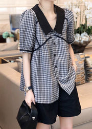 Art Black Peter Pan Collar Plaid Shirts Short Sleeve