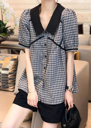 Art Black Peter Pan Collar Plaid Shirts Short Sleeve