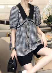 Art Black Peter Pan Collar Plaid Shirts Short Sleeve