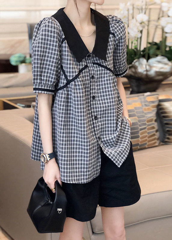 Art Black Peter Pan Collar Plaid Shirts Short Sleeve