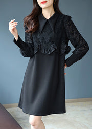 Art Black Peter Pan Collar Ruffled Lace Patchwork Mid Dress Top Fall