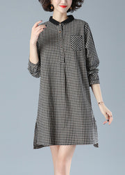 Art Black Plaid Peter Pan Collar Button Cotton Mid Dress Fall