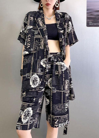 Art Black Print Summer Cinched Linen Short Sleeve Two Piece Suit Set - bagstylebliss