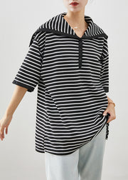 Art Black Sailor Collar Striped Cotton Top Half Sleeve